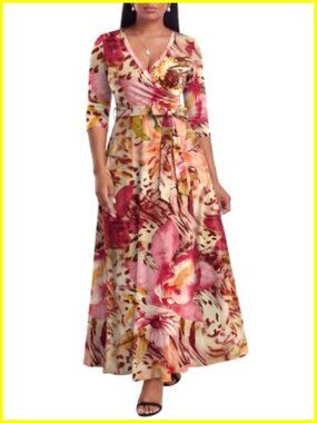 Plus Size Maxi Dress Women Casual Summer V-Neck 3/4 Sleeve with Pockets